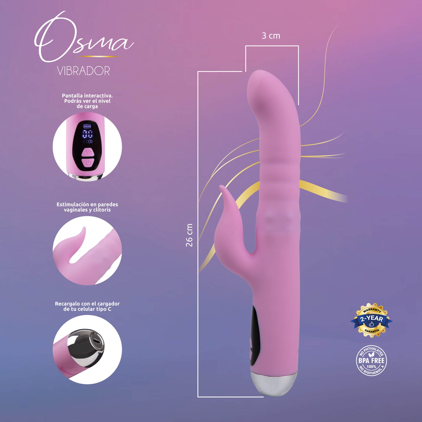 Vibrador Osma con Perlas y Movimiento Carga USB-C Majestic Pro